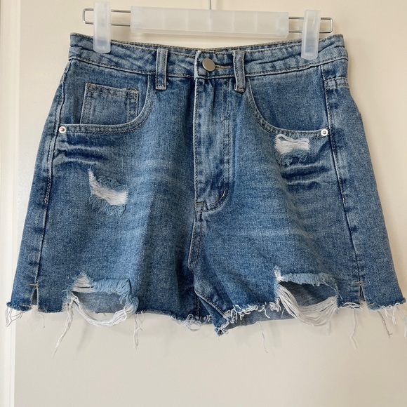 Blue Distressed Jean Shorts with Frayed Hem - Picture 1 of 5